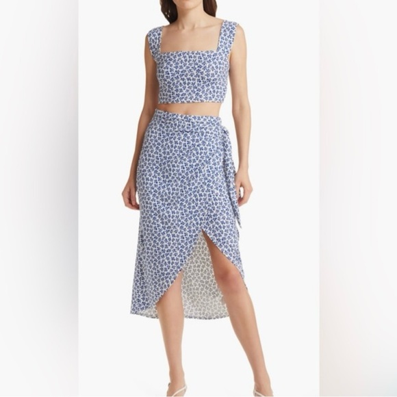 Reformation Dresses & Skirts - Reformation Rika Crop Top & Wrap Skirt Two-Piece Set in Bombay Blue/White SZ XL